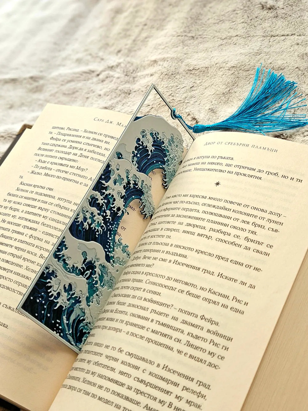 The Great Wave Cutout Bookmark with Turquoise Silk Tassel