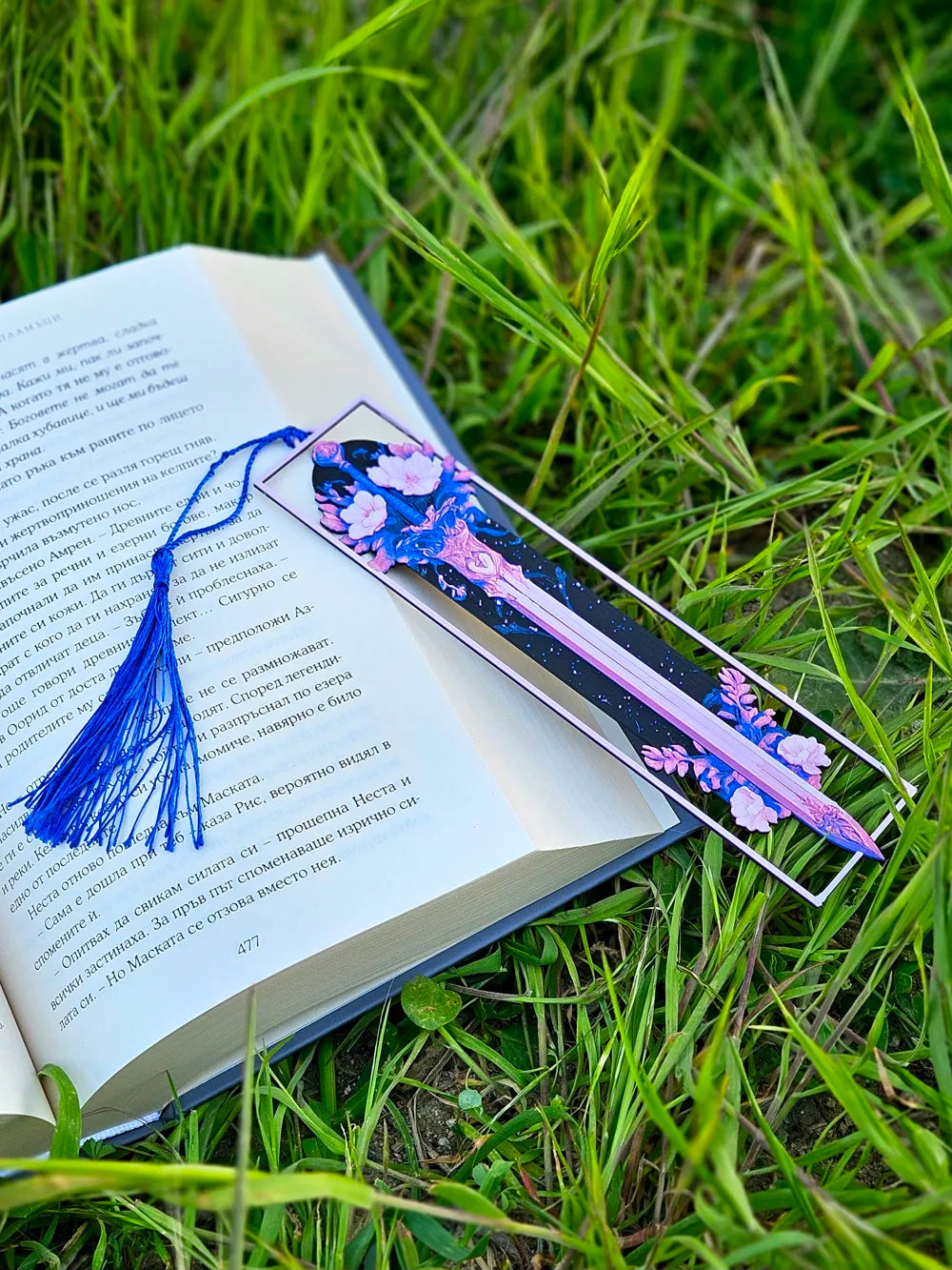 Enchanted Sword & Floral Fantasy Bookmark with Royal Blue Tassel