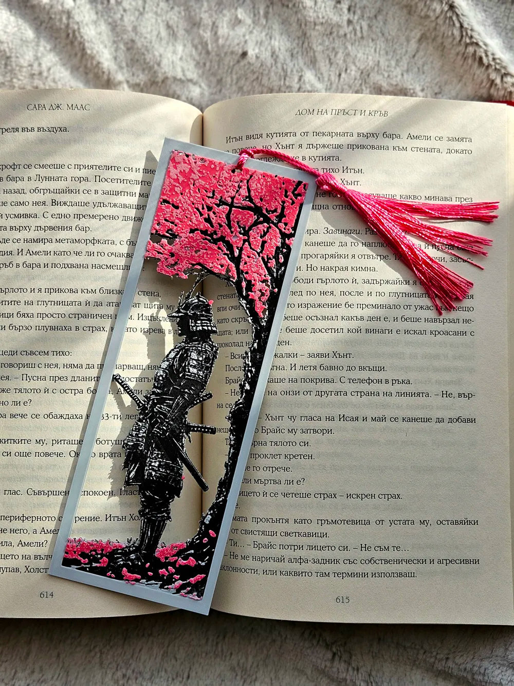 Samurai Under Cherry Blossoms Bookmark with Hot Pink Tassel