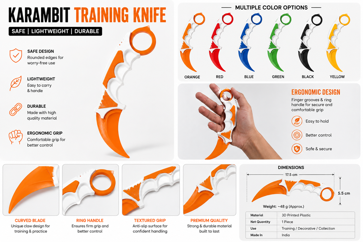3D Printed Karambit Style Training Prop | Lightweight Decorative Collectible with Finger Ring | Multiple Colours