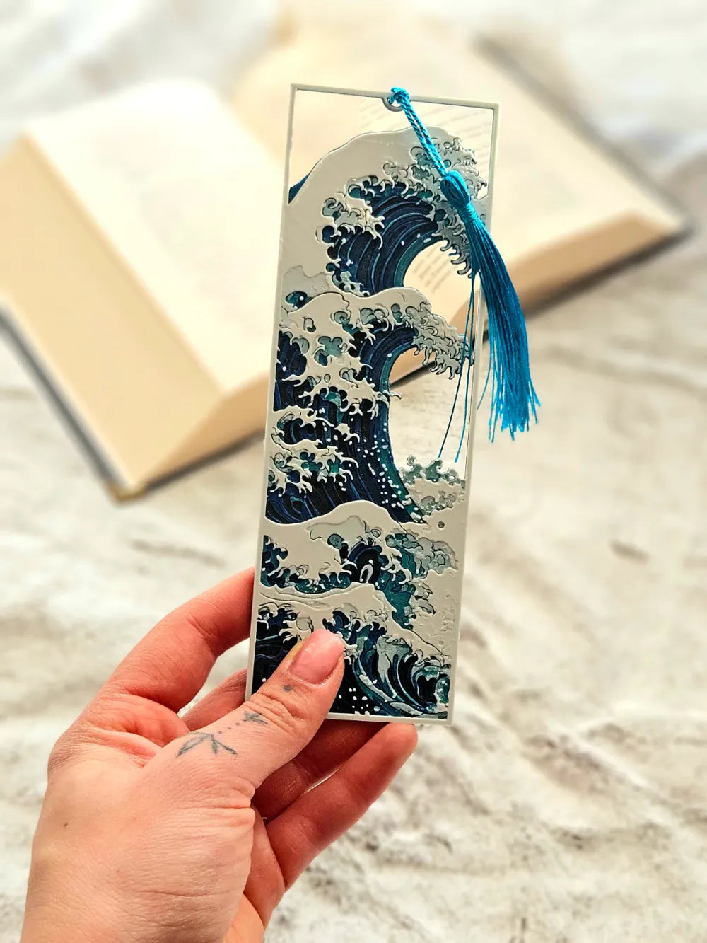The Great Wave Cutout Bookmark with Turquoise Silk Tassel