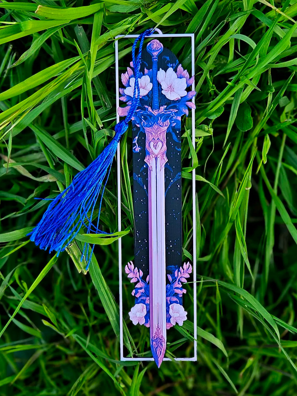 Enchanted Sword & Floral Fantasy Bookmark with Royal Blue Tassel