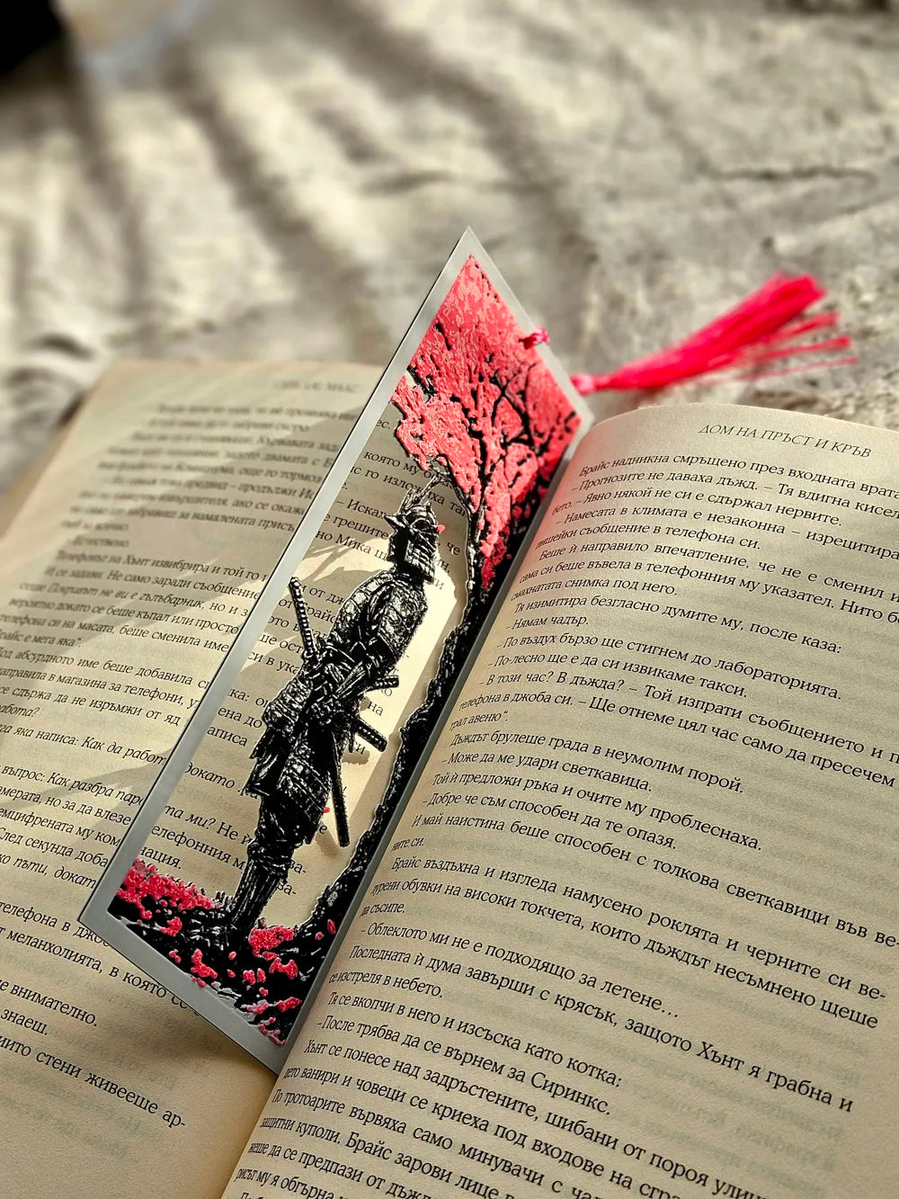 Samurai Under Cherry Blossoms Bookmark with Hot Pink Tassel