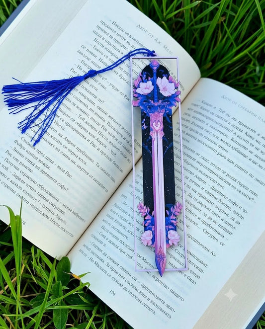 Enchanted Sword & Floral Fantasy Bookmark with Royal Blue Tassel