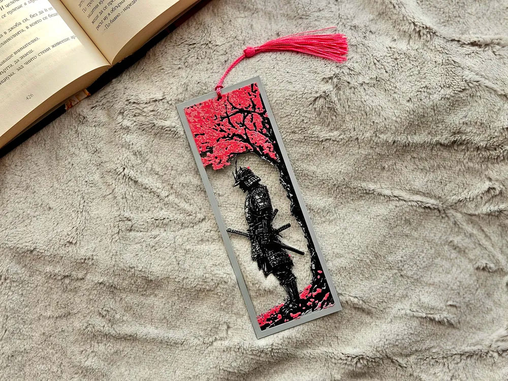 Samurai Under Cherry Blossoms Bookmark with Hot Pink Tassel