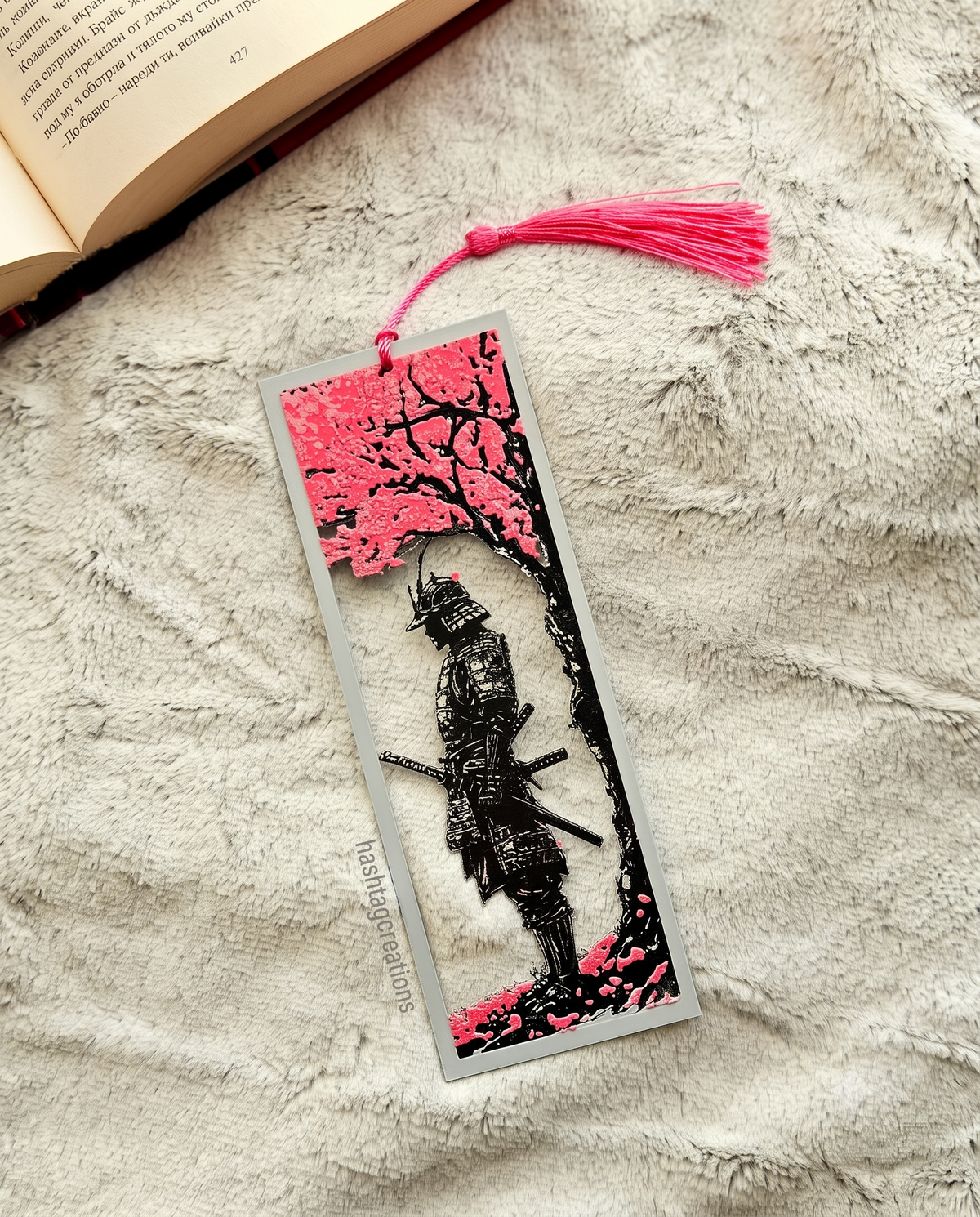 Samurai Under Cherry Blossoms Bookmark with Hot Pink Tassel