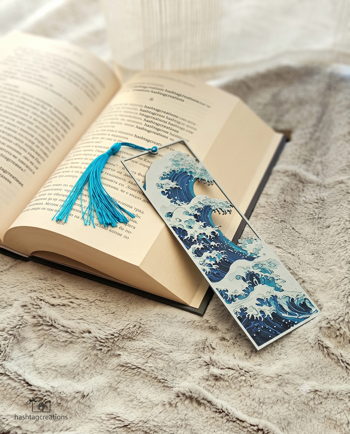 The Great Wave Cutout Bookmark with Turquoise Silk Tassel