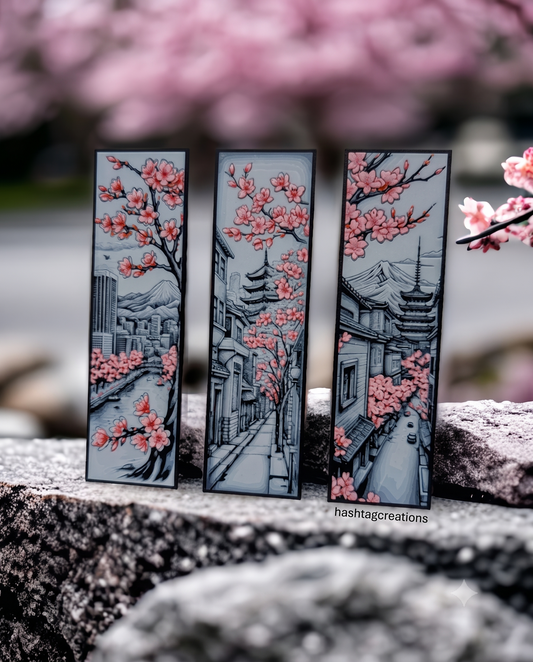 Japanese Kyoto Street & Sakura Pagoda Bookmark Trio