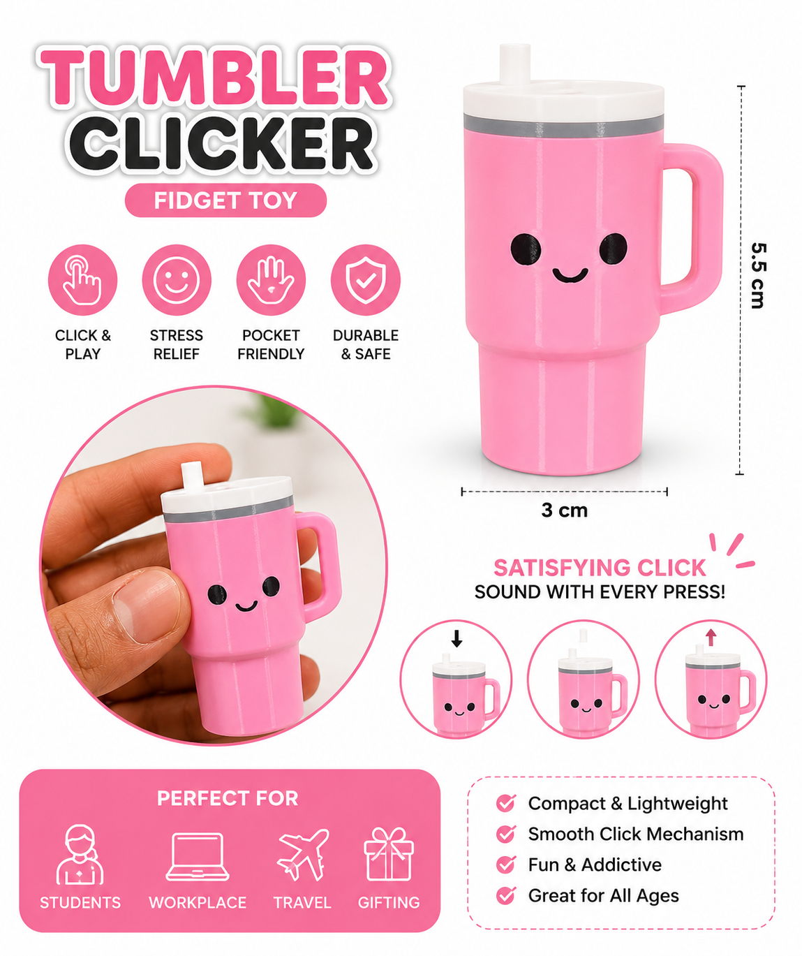 Cute Tumbler Clicker Fidget Toy Keyring – Satisfying Press & Click